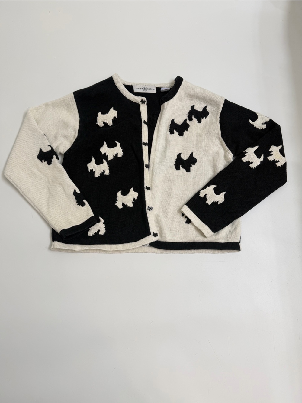 Vintage Scottie Dog Cardigan Black White Novelty Knit Preppy Chic Medium